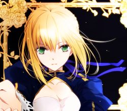 Rule 34 | 1girl, ahoge, artoria pendragon (fate), blonde hair, cleavage cutout, clothing cutout, fate/stay night, fate (series), green eyes, hair ribbon, looking at viewer, outstretched hand, revision, ribbon, saber (fate), short hair, sidelocks, solo, tsukimori usako, upper body