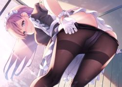 Rule 34 | 1girl, akausuko, apron, ass, bent over, blush, breasts, clothes pull, dress, frills, from behind, gloves, highres, long hair, looking at viewer, maid, maid headdress, original, panties, panties under pantyhose, pantyhose, pantyhose pull, purple hair, ribbon, solo, thighband pantyhose, underwear, white gloves, white panties