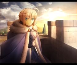 Rule 34 | 1girl, ahoge, armor, armored dress, artoria pendragon (all), artoria pendragon (fate), black eyes, blonde hair, braid, cape, closed mouth, cloud, fate/grand order, fate (series), from side, fur trim, gauntlets, hair between eyes, letterboxed, looking at viewer, looking to the side, medium hair, mountain, resolution mismatch, saber (fate), shoori (migiha), sidelocks, sky, smile, solo, source larger, standing, upper body