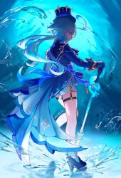 Rule 34 | 1girl, ahoge, artist name, black footwear, blue eyes, blue hair, blue hat, blue jacket, closed mouth, from behind, full body, furina (genshin impact), genshin impact, gloves, hair between eyes, hat, highres, holding, holding sword, holding weapon, jacket, keibleh, long hair, looking at viewer, multicolored hair, reflective floor, shorts, sidelocks, smile, solo, standing, streaked hair, sword, top hat, two-tone hair, weapon, white gloves, white hair, white shorts