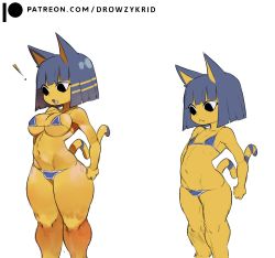 Rule 34 | animal crossing, ankha (animal crossing), bikini, blue hair, breasts, egyptian, female focus, furry, highres, krid, large breasts, looking at viewer, micro bikini, nintendo, nipples, nude, short hair, simple background, small breasts, solo, striped, striped tail, swimsuit, tail, thick thighs, thighs, yellow fur