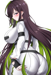 Rule 34 | 1girl, artist request, ass, ass focus, ass grab, black hair, blush, bodysuit, breasts, deep skin, embarrassed, fingerless gloves, from behind, gloves, goddess of victory: nikke, green hair, guilty (nikke), highres, huge ass, large breasts, long hair, looking at viewer, multicolored hair, purple eyes, sideboob, simple background, skin tight, solo, straitjacket, two-tone hair, very long hair, white background