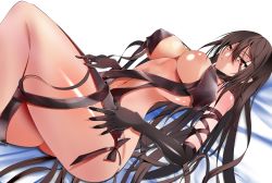 Rule 34 | 1girl, :o, ass, bed sheet, black dress, black gloves, breast curtains, breasts, brown hair, covered erect nipples, dress, dutch angle, elbow gloves, fate/grand order, fate (series), gloves, hair between eyes, highres, large breasts, long hair, looking at viewer, lying, on back, red eyes, revealing clothes, shiny skin, thighs, underboob, very long hair, white background, yahoo0124, yu mei-ren (fate)