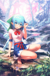 Rule 34 | 1girl, adapted costume, alternate costume, arm support, bare legs, barefoot, blue eyes, blue hair, blurry, breasts, cirno, day, depth of field, forest, grass, hair ribbon, hand in own hair, highres, kaito (k4itoh), looking at viewer, matching hair/eyes, miniskirt, nature, open mouth, outdoors, pink shirt, pointy ears, rain, ribbon, shirt, short hair, short sleeves, skirt, small breasts, solo, squatting, stream, tears, touhou, wet, wet clothes, wet hair, wings