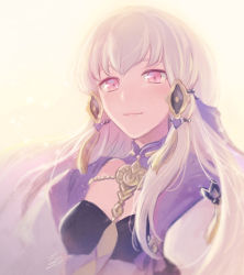 Rule 34 | 1girl, chizu (fiute), closed mouth, fire emblem, fire emblem: three houses, hair ornament, long hair, lysithea von ordelia, nintendo, pink eyes, simple background, solo, upper body, white background, white hair