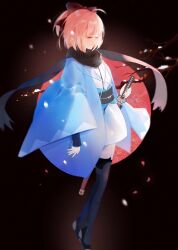 Rule 34 | 1girl, ahoge, black background, black bow, black footwear, black sash, black scarf, blue jacket, blue kimono, boots, bow, branch, closed eyes, closed mouth, commentary, eyelashes, fate/grand order, fate (series), full body, hair bow, haori, highres, holding, holding sword, holding weapon, jacket, japanese clothes, katana, kimono, long sleeves, mizu (shir ley), okita souji (fate), open clothes, open jacket, petals, pink hair, ponytail, sash, scarf, sheath, sheathed, short hair, short kimono, smile, solo, sword, thigh boots, weapon, wide sleeves