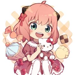 Rule 34 | :d, anya (spy x family), bandages, bow, candy, cherry, child, cupcake, dmanya, dress, food, fruit, green eyes, hair bow, hairpods, holding, holding stuffed toy, leggings, looking at viewer, open mouth, pink hair, red bow, red dress, short hair, smile, solo, spy x family, stuffed animal, stuffed cat, stuffed toy, white leggings