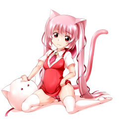Rule 34 | 1girl, animal ears, bad id, bad pixiv id, bell, blush, breasts, cat ears, cat tail, clothes lift, dress, dress lift, haguhagu (19448514), long hair, looking at viewer, medium breasts, original, panties, pink hair, red eyes, smile, solo, stuffed animal, stuffed toy, tail, thighhighs, twintails, underwear, very long hair
