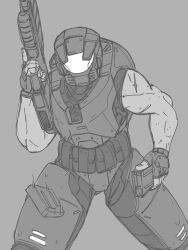 Rule 34 | 1boy, absurdres, adapted costume, armor, assault rifle, assault visor, bullpup, fingerless gloves, gloves, greyscale, gun, halo: combat evolved, halo (series), highres, holding, holding gun, holding weapon, leaning forward, ma5, master chief, monochrome, mymyc, pouch, power armor, reloading, rifle, scar, scar on arm, sketch, sleeveless, solo, spartan (halo), weapon
