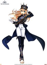 Rule 34 | 1girl, absurdres, artist request, black neckwear, black thighhighs, blonde hair, blue eyes, boots, choker, closed mouth, coat, elsword, full body, gun, highres, holding, holding gun, holding weapon, idol, long hair, looking at viewer, official art, rose (elsword), solo, thighhighs, uniform, weapon