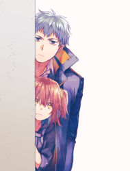 Rule 34 | 1boy, 1girl, :t, bags under eyes, black jacket, expressionless, fate/grand order, fate (series), fujimaru ritsuka (female), fujimaru ritsuka (female) (polar chaldea uniform), jacket, looking at viewer, one side up, orange hair, peeking out, saitou hajime (fate), simple background, somemiya suzume, wall