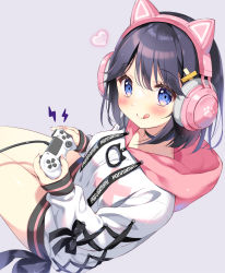 Rule 34 | 1girl, :q, animal ear headphones, animal ears, black hair, blue eyes, blush, breasts, cat ear headphones, closed mouth, commentary request, controller, fake animal ears, from side, game controller, grey background, hair between eyes, hair ornament, hairclip, headphones, heart, hood, hood down, hoodie, lightning bolt symbol, long sleeves, looking at viewer, looking to the side, medium breasts, nail polish, original, pan (mimi), pink nails, puffy long sleeves, puffy sleeves, simple background, sitting, sleeves past wrists, smile, solo, tongue, tongue out, white hoodie, x hair ornament