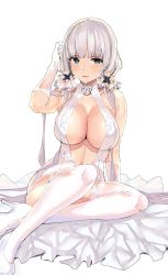 Rule 34 | 1girl, azur lane, blue eyes, blunt bangs, breasts, dress, highres, huge breasts, illustrious (azur lane), illustrious (morning star of love and hope) (azur lane), large breasts, long hair, mole, mole under eye, simple background, sitting, solo, temir, thighhighs, twintails, white background, white dress, white headwear, white thighhighs