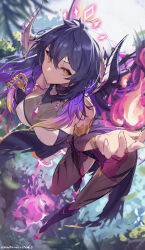 Rule 34 | 1girl, bracelet, dragon, dragon girl, dragon tail, flying, highres, horns, indie virtual youtuber, jewelry, k3nzoteruta, kimochi (vtuber), long hair, looking at viewer, magic, monster girl, multicolored hair, necklace, outdoors, purple hair, purple nails, tail, toes, virtual youtuber, western dragon, yellow eyes