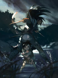 Rule 34 | 1boy, 1girl, absurdres, amputee, bandaged arm, bandaged leg, bandages, black eyes, black hair, blade, chanch, cloud, cloudy sky, dororo (character), dororo (tezuka), fighting stance, forest, grass, highres, holding, hyakkimaru (dororo), long hair, nature, outdoors, partially submerged, ponytail, protecting, river, rock, short hair, signature, sky, splashing, standing, torn clothes, tree, twitter username, water