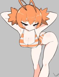 Rule 34 | 1girl, ahoge, akisas99, antenna hair, arm behind head, armpits, ass, bent over, blush, breast focus, breasts, cleavage, eyebrows hidden by hair, groin, large breasts, light smile, narrowed eyes, one-piece swimsuit, orange hair, original, red eyes, short hair, solo, striped clothes, striped one-piece swimsuit, swimsuit, thick eyebrows