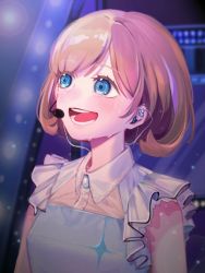 Rule 34 | 1girl, blue eyes, blue shirt, blurry, blurry background, brown hair, chinese commentary, commentary request, earbuds, earphones, frilled shirt, frills, headset, highres, light particles, love live!, love live! superstar!!, music, open mouth, shirt, short hair, singing, sleeveless, sleeveless shirt, smile, solo, sweat, tang keke, teeth, two-tone shirt, upper body, uuu&amp;no, white shirt