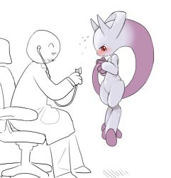 Rule 34 | 1boy, 1girl, ^ ^, blush, chair, closed eyes, closed mouth, colored skin, creatures (company), doctor, embarrassed, facial hair, floating, flying sweatdrops, from side, full body, furry, furry female, game freak, gen 1 pokemon, grey skin, half-closed eyes, hand up, hands up, happy, head tail, holding, holding own tail, lab coat, legendary pokemon, legs, legs together, long sleeves, looking down, mega mewtwo y, mega pokemon, mewtwo, multicolored skin, navel, nintendo, nose blush, office chair, open mouth, own hands together, partially colored, pokemon, pokemon (creature), purple skin, red eyes, shy, simple background, sitting, smile, solo focus, stomach, stubble, swivel chair, tail, tosx, two-tone skin, wavy mouth, white background