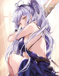 Rule 34 | 1girl, ahoge, backless dress, backless outfit, bare arms, bare back, bare shoulders, blue dress, blush, braid, breasts, commentary request, curtains, dress, granblue fantasy, gun, hair between eyes, hair over shoulder, highres, large breasts, long hair, looking at viewer, pink lips, ponytail, rifle, side braid, silva (gentian blue) (granblue fantasy), silva (granblue fantasy), silver hair, sitting, smile, sniper, sniper rifle, solo, soraneko hino, sunlight, twin braids, very long hair, wavy hair, weapon, window, yellow eyes