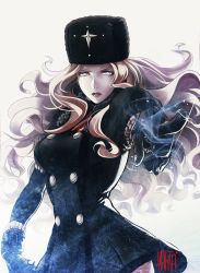 Rule 34 | 1girl, black gloves, blonde hair, blue eyes, breasts, coat, commentary, fur collar, fur hat, gloves, half-closed eyes, hat, highres, ice, kanta-kun, kolin, long hair, looking at viewer, miniskirt, outstretched arm, skirt, solo, street fighter, street fighter v, ushanka, winter clothes, winter coat
