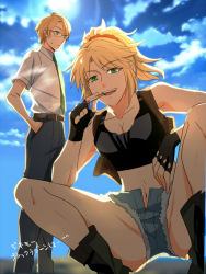 Rule 34 | 1boy, 1girl, belt, black lagoon, blonde hair, cigar, cigarette, collared shirt, cosplay, cutoffs, denim, denim shorts, fate/apocrypha, fate/grand order, fate/prototype, fate/prototype: fragments of blue and silver, fate (series), glasses, green eyes, holster, jekyll and hyde (fate), midriff, mordred (fate), mordred (fate/apocrypha), navel, necktie, okajima rokuro, okajima rokuro (cosplay), open mouth, ponytail, revy (black lagoon), revy (black lagoon) (cosplay), satou (fujisanjj-mesigaumaize), shirt, short hair, short shorts, shorts, shoulder holster, smoking, tank top