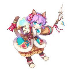 Rule 34 | 1girl, animal ears, barefoot, blue eyes, bow, brown coat, brown pants, cat ears, cat girl, cat tail, charm (object), coat, double bun, fish charm, full body, fur coat, furry, furry female, hair between eyes, hair bun, hairband, highres, holding, holding wand, jewelry, leona (pixiv), long sleeves, looking at viewer, magatama, magatama necklace, magic, medium bangs, necklace, official art, open mouth, pants, pouch, purple hair, ragnarok online, red bow, red hairband, short hair, simple background, smile, solo, spirit handler (ragnarok online), standing, tachi-e, tail, tail bow, tail ornament, transparent background, wand