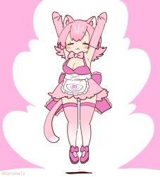 Rule 34 | 1girl, animal ears, apron, arms up, bow, bowtie, closed eyes, coroha, dress, elbow gloves, extra ears, full body, gloves, japari symbol, jumping, kemono friends, kemono friends 3, panther ears, panther girl, panther tail, peach panther (kemono friends), pink background, pink hair, ribbon, shoes, short hair, simple background, skirt, sleeveless, sleeveless dress, solo, tail, thighhighs