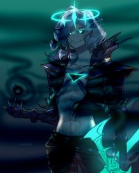 Rule 34 | 1boy, abs, absurdres, artist name, belt, black belt, black jacket, black pants, black sclera, collarbone, colored sclera, commentary, cookie3w3, cowboy shot, gauntlets, glowing, glowing eyes, gradient background, green background, grey hair, hair ornament, highres, hole in chest, hole on body, jacket, league of legends, male focus, medium hair, navel, open clothes, open jacket, pants, ruined (league of legends), solo, sword, viego (league of legends), weapon