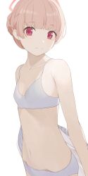 Rule 34 | 1girl, blue archive, blunt bangs, bra, braid, breasts, closed mouth, collarbone, commentary, halo, highres, hiroki (yyqw7151), looking at viewer, navel, nodoka (blue archive), panties, red eyes, red halo, simple background, small breasts, smile, solo, underwear, white background, white bra, white panties