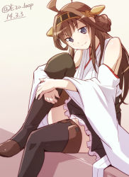 Rule 34 | 10s, 1girl, ahoge, bare shoulders, black thighhighs, blue eyes, boots, brown hair, e20, hairband, kantai collection, kongou (kancolle), long hair, looking at viewer, nontraditional miko, sidelocks, sitting, skirt, smile, solo, thigh boots, thighhighs, wide sleeves