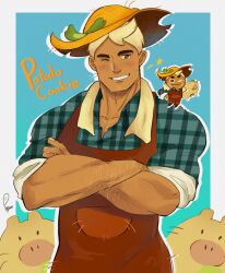 Rule 34 | 1boy, apron, bara, blush, chest hair peek, cookie run, cowboy shot, crossed arms, dark-skinned male, dark skin, facial hair, farmer, goatee stubble, hat, highres, humanization, large pectorals, looking at viewer, male focus, mature male, muscular, muscular male, one eye closed, pectoral cleavage, pectorals, pig, potato cookie, poysan, red apron, seductive smile, short hair, smile, straw hat, stubble, thick eyebrows