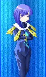 Rule 34 | 1girl, bishoujo senshi sailor moon, bishoujo senshi sailor moon another story, black gloves, blue eyes, blue hair, bodysuit, commentary request, gloves, matching hair/eyes, nabu (sailor moon), patterned background, short hair, skin tight, solo