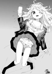 Rule 34 | 1girl, :d, akitsuki itsuki, blush, bra, cellphone, dated, greyscale, hair spread out, holding, holding phone, jacket, long hair, long sleeves, looking at viewer, lying, miniskirt, monochrome, navel, off shoulder, on back, one eye closed, open mouth, original, panties, panty pull, phone, pleated skirt, shirt, signature, skirt, smartphone, smile, socks, solo, underwear