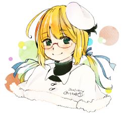 Rule 34 | 1girl, blonde hair, blue eyes, blue ribbon, blush, closed mouth, commentary request, dated, glasses, hair ribbon, hat, highres, i-8 (kancolle), ichigo6480, kantai collection, low twintails, medium hair, peaked cap, red-framed eyewear, ribbon, semi-rimless eyewear, shirt, smile, solo, tagme, twintails, twitter username, upper body, white background, white hat, white shirt