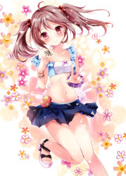 Rule 34 | 10s, 1girl, alternate hair color, blush, bracelet, brown hair, gradient background, hair bobbles, hair ornament, jewelry, kantai collection, leg up, looking at viewer, navel, nogi takayoshi, red eyes, sazanami (kancolle), short hair, skirt, smile, solo, strap slip, stuffed animal, stuffed rabbit, stuffed toy, twintails, v