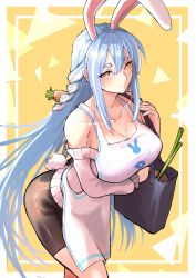 Rule 34 | 1girl, absurdres, animal ears, bag, blue hair, border, braid, breast press, breasts, bright pupils, carrot, carrying, cleavage, cowboy shot, highres, hololive, huge breasts, leaning forward, long hair, looking at viewer, mature female, midknight 777 (henthaisan), multicolored hair, off-shoulder sweater, off shoulder, pekomama, pencil skirt, rabbit ears, rabbit girl, ribbed sweater, shopping bag, sidelocks, skirt, smile, solo, spring onion, sweater, thighs, two-tone hair, very long hair, virtual youtuber, white border, white pupils, yellow background