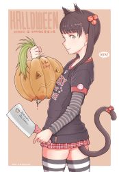 Rule 34 | ?, a kun, cat girl, child, cleaver, closed mouth, cowboy shot, flat chest, hair bobbles, hair ornament, halloween, heart, highres, holding, original, pumpkin, smile, standing, striped legwear, tail, thighhighs, twintails
