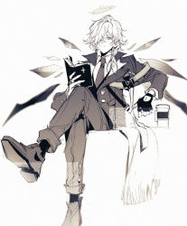 Rule 34 | 1boy, arknights, book, chinese commentary, closed mouth, coat, coffee cup, commentary request, cup, detached wings, disposable cup, energy wings, enforcer (arknights), fingerless gloves, gloves, hair over one eye, halo, highres, holding, holding book, crossed legs, long hair, long sleeves, male focus, monochrome, necktie, open book, open clothes, open coat, pants, purple eyes, reading, shoes, simple background, sitting, smile, solo, spot color, white background, wings