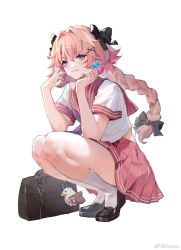 Rule 34 | 1boy, astolfo (fate), astolfo (sailor paladin) (fate), bag, black bag, black bow, black footwear, bow, braid, candy, chinese commentary, fang, fate (series), food, hair bow, hair intakes, hair ornament, heel up, highres, holding, holding candy, holding food, holding lollipop, kuuus, lollipop, looking at viewer, male focus, official alternate costume, pink hair, pink sailor collar, pink skirt, pleated skirt, purple eyes, sailor collar, school uniform, serafuku, shirt, simple background, skirt, smile, socks, solo, squatting, trap, white background, white shirt, white socks, x hair ornament