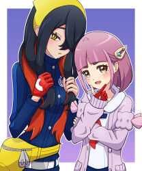 Rule 34 | 2girls, absurdres, black hair, blue jacket, border, brown eyes, carmine (pokemon), closed mouth, colored inner hair, commentary request, creatures (company), eyelashes, game freak, gloves, hair ornament, hair over one eye, hairband, hairclip, highres, jacket, lacey (pokemon), long hair, looking at viewer, multicolored hair, multiple girls, nintendo, outside border, pokemon, pokemon sv, pouch, purple hair, red gloves, red hair, standing, two-tone hair, white border, yellow eyes, yellow hairband, yuu (jgvj7873)