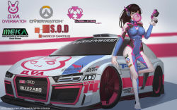 Rule 34 | 1girl, absurdres, acronym, arm support, armor, audi, black soldier, bodysuit, boots, bracer, breasts, brown eyes, brown hair, blowing bubbles, car, character name, chewing gum, copyright name, d.va (overwatch), emblem, eyelashes, full body, gloves, gun, hand up, handgun, headphones, highres, holding, holding gun, holding weapon, leg up, legs apart, logo, long hair, long sleeves, matching hair/eyes, medium breasts, motor vehicle, overwatch, overwatch 1, pauldrons, pilot suit, ribbed bodysuit, shoulder armor, shoulder pads, skin tight, solo, standing, standing on one leg, thigh boots, thigh strap, thighhighs, turtleneck, vehicle, vehicle focus, watermark, weapon, web address, white footwear, white gloves
