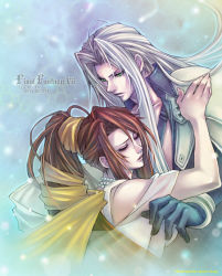 Rule 34 | 1990s (style), 1boy, 1girl, age difference, aimio nagi, armor, brown hair, character name, copyright name, dress, closed eyes, final fantasy, final fantasy vii, gloves, green eyes, jewelry, lifestream, long hair, lucrecia crescent, mother and son, necklace, ponytail, retro artstyle, ribbon, sephiroth, silver hair, spoilers, yellow ribbon