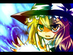 Rule 34 | 1girl, bad id, bad pixiv id, blonde hair, braid, female focus, gradient background, hat, hiiringu, kirisame marisa, letterboxed, long hair, portrait, ribbon, solo, touhou, v-shaped eyebrows, very long hair, witch, witch hat, yellow eyes