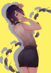Rule 34 | 1girl, absurdres, animal, artist name, ass, bare shoulders, black choker, black hair, black shorts, breasts, chainsaw man, choker, eyebrows, green eyes, hair between eyes, hair bun, highres, looking at viewer, medium hair, mouse (animal), parted lips, reze (chainsaw man), ringo orihara, shirt, shirt tucked in, shorts, simple background, single hair bun, sleeveless, small breasts, smile, solo, white shirt, yellow background
