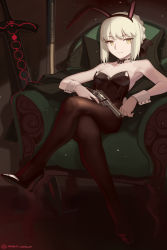 Rule 34 | 1girl, absurdres, alternate costume, animal ears, artoria pendragon (fate), bare shoulders, black ribbon, blonde hair, boa (brianoa), braid, breasts, rabbit ears, chair, detached collar, easy chair, excalibur morgan (fate), fake animal ears, fate/stay night, fate (series), french braid, gun, handgun, high heels, highres, holding, holding gun, holding weapon, jacket, unworn jacket, crossed legs, leotard, looking at viewer, pantyhose, playboy bunny, revolver, ribbon, saber alter, sitting, small breasts, solo, strapless, strapless leotard, sword, twitter username, weapon, wrist cuffs, yellow eyes