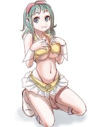 Rule 34 | 1girl, boots, breasts, commentary request, full body, green hair, gumi, knee boots, kneeling, large breasts, looking at viewer, midriff, navel, o-minato, sketch, skirt, smile, solo, underboob, vocaloid, white background