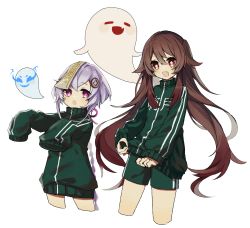 Rule 34 | 2girls, :d, brown hair, china tracksuit, coin hair ornament, colored tips, commentary request, cropped legs, fang, flower-shaped pupils, genshin impact, green jacket, green shorts, hair between eyes, hair ornament, highres, hitodama, hu tao (genshin impact), jacket, jiangshi, long hair, long sleeves, looking at viewer, meme, meme attire, merry-san, multicolored hair, multiple girls, ofuda, open mouth, purple eyes, purple hair, qiqi (genshin impact), short hair, shorts, sidelocks, simple background, skin fang, sleeves past fingers, sleeves past wrists, smile, squid game, symbol-shaped pupils, track jacket, white background