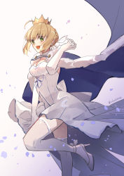 Rule 34 | 1girl, :d, a ching, absurdres, ahoge, artoria pendragon (all), artoria pendragon (fate), back bow, blonde hair, blue cape, bow, braid, cape, choker, crown, dress, dress bow, elbow gloves, fate/grand order, fate (series), fur-trimmed cape, fur trim, gloves, green eyes, hair bun, high heels, highres, looking at viewer, official alternate costume, open mouth, petals, saber (fate), saber (under the same sky) (fate), short hair, single hair bun, smile, solo, standing, standing on one leg, strappy heels, thighhighs, twitter username, white bow, white choker, white dress, white footwear, white gloves, white thighhighs, zettai ryouiki
