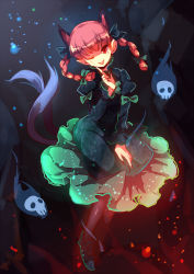 Rule 34 | 1girl, ;d, animal ears, black pantyhose, bow, braid, cat ears, cat tail, dress, extra ears, ghost, hair bow, kaenbyou rin, long hair, looking at viewer, one eye closed, open mouth, pantyhose, pointy ears, red eyes, red hair, sketch, skull, smile, solo, tail, touhou, twin braids, yetworldview kaze