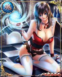 Rule 34 | 1girl, bare arms, bastard!!, black hair, blue eyes, bottle, breasts, card (medium), checkered floor, choker, cleavage, demon wings, earrings, fingerless gloves, garter belt, garter straps, gloves, indoors, jewelry, large breasts, legs, long hair, looking at viewer, magic, mobage, panties, porno dianno, sitting, sleeveless, smile, solo, thighhighs, thighs, torn clothes, underwear, wings